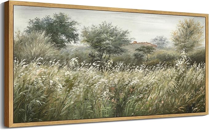 SHENIFY Vintage Landscape Framed Wall Art Meadow Scenery Farmhouse Decor Retro Painting for Bedroom Living Room Ready to Hang Wall Artwork - 8x16in Natural Framed