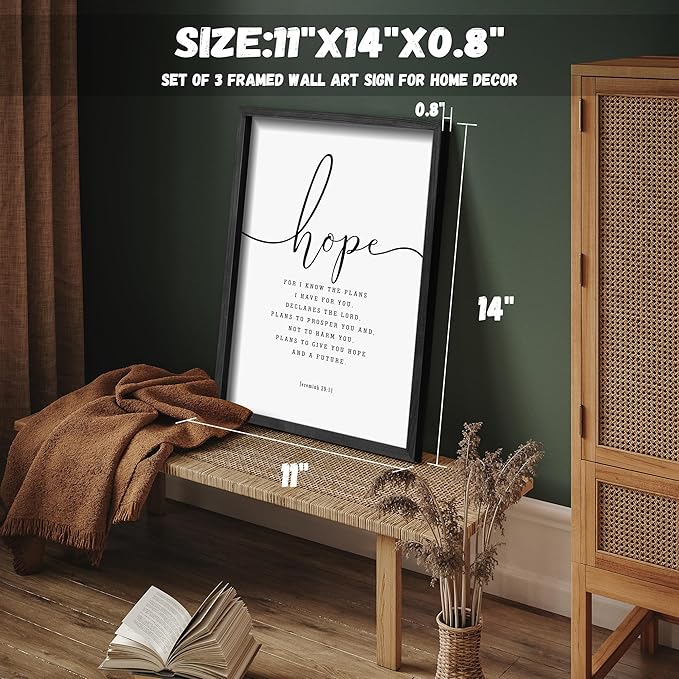 Houmury Set of 3 Framed Farmhouse Bible Verses Wall Decor Sign 11”x14” Christian Faith Scripture Wall Art for Home Living Room Bedroom Wall Decor (11"x14" Black)