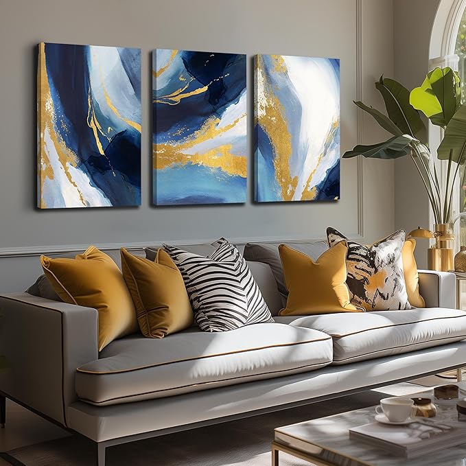 DNIEOTU Abstract Canvas Wall Art for Living Room, Blue and Gold Picture Prints Wall-Decor for Bedroom, Size 16 x 24 Inches 3-Pieces