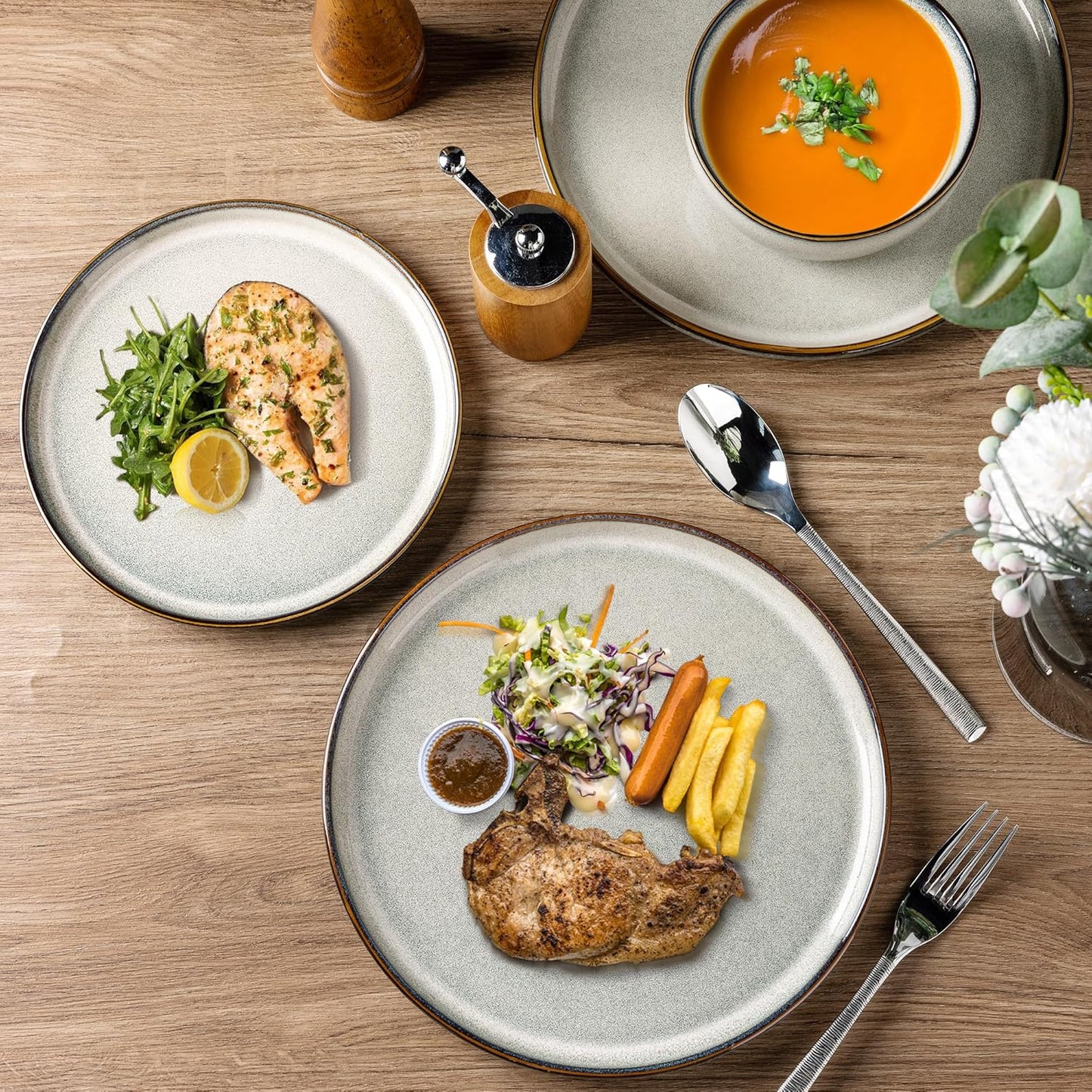 GBHOME Ceramic Dinnerware Sets for 12, 36 Pieces Stoneware Plates and Bowls Sets, Reactive Glaze Dishes -Scratch Resistant, Dishwasher&Microwave Safe, Green Wheat