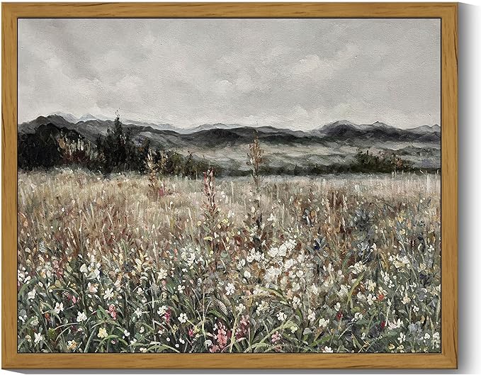 SHENIFY Vintage Landscape Framed Wall Art Meadow Flowers Farmhouse Decor Retro Classic Painting for Kitchen Living Room Bedroom Bathroom - 8x10in Natural Framed
