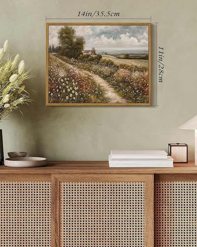 SHENIFY Vintage Landscape Framed Wall Art Rustic Countryside Wildflower Field Farmhouse Decor Retro Meadow with Flowers Painting for Kitchen Living Room Bedroom Bathroom - 11x14in Natural Framed