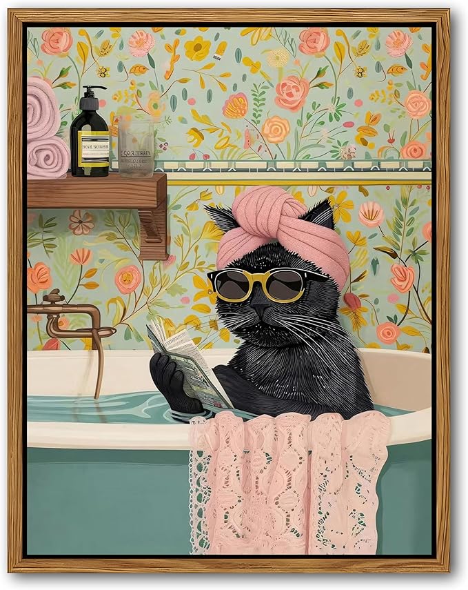 Floating Framed Bathroom Cat Canvas Wall Art, Funny Black Cat Reading Wall Decor, Cute Animal Prints Pictures Posters for Living Room Bedroom Toilet Kids Room Paintings 16x24 inch