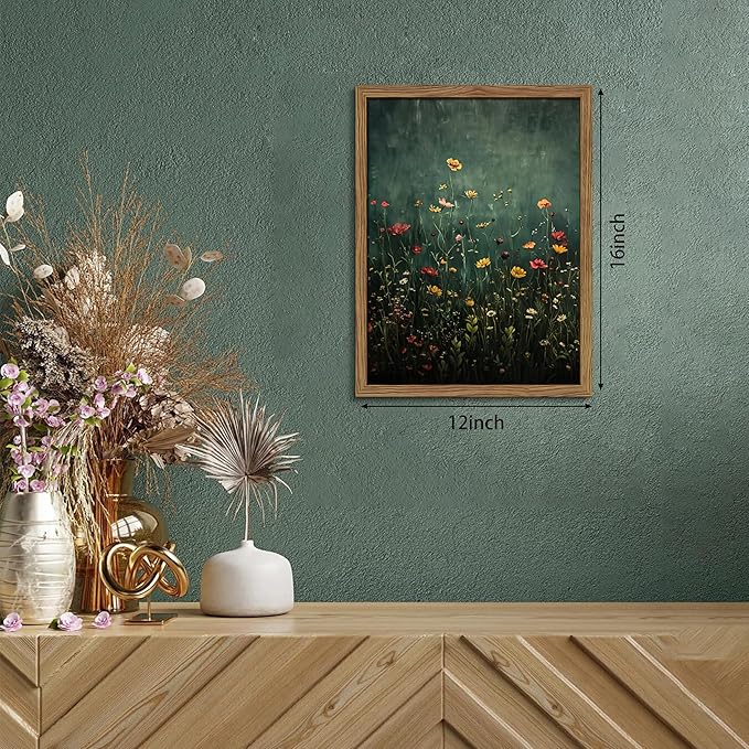 Wildflower Field Framed Wall Art, Vintage Botanical Flower Wall Decor, Modern Farmhouse Floral Canvas Art, Green Field Landscape Pictures Artwork for Living Room Bedroom – 12x16 inch