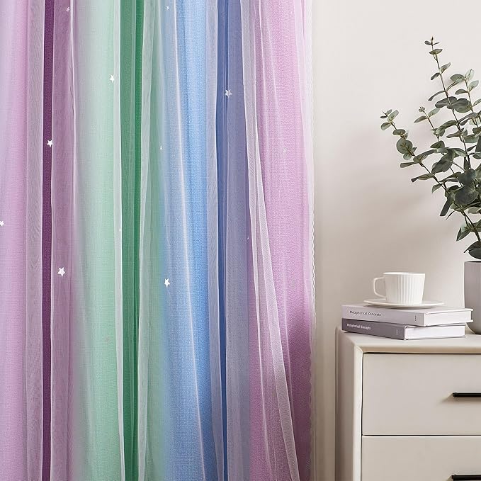 XiDi Curtains for Bedroom Decor, Rainbow Green PurpleBlue52/54/1