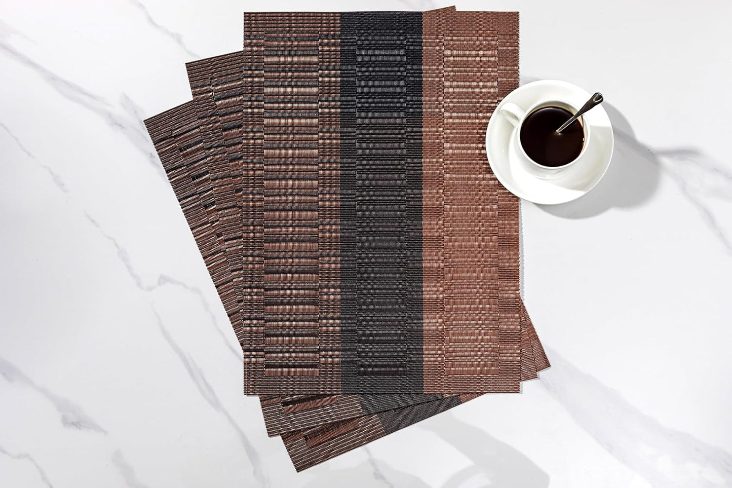 LEXMORE Placemats Set of 8 Vinyl/Plastic Woven Place Mats for Kitchen Table Indoor/Outdoor Washable Placemat Wipeable Dining Table Mats(Ombre Brown Black)
