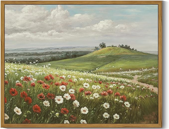 SHENIFY Vintage Landscape Framed Wall Art Meadow with Flowers Scenery Farmhouse Decor Rustic Retro Grassland Floral Field Painting for Kitchen Living Room Bedroom Bathroom - 11x14in Natural Framed
