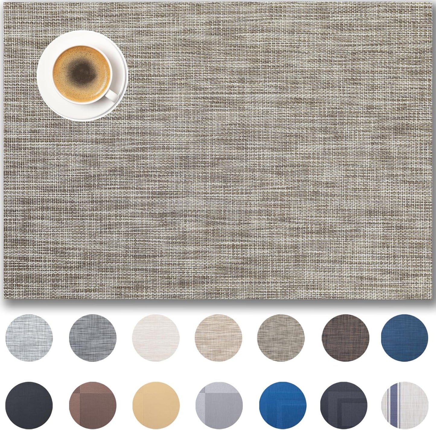 Placemats Set of 8 - Easy Clean Woven Vinyl Placemats for Dining Table, Indoor/Outdoor Place Mats, Washable PVC Table Mats（Cappuccino）