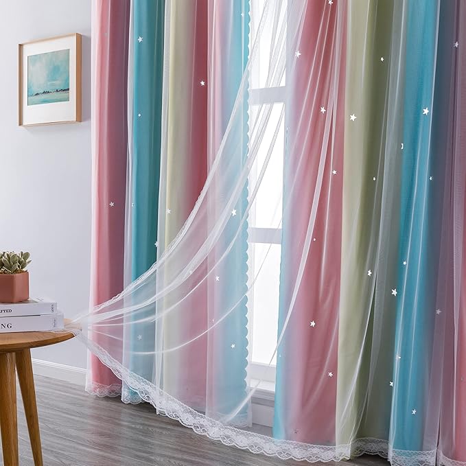 XiDi Curtains for Bedroom Decor, Rainbow Pink-Blue-52-90