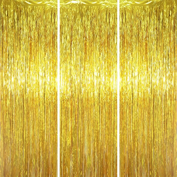 3.3 x 6.6 ft Foil Fringe Backdrop Curtains, Tinsel Streamers Party Decorations, Fringe Backdrop for Birthday, Baby Shower, Gender Reveal, Graduation (3, Gold)