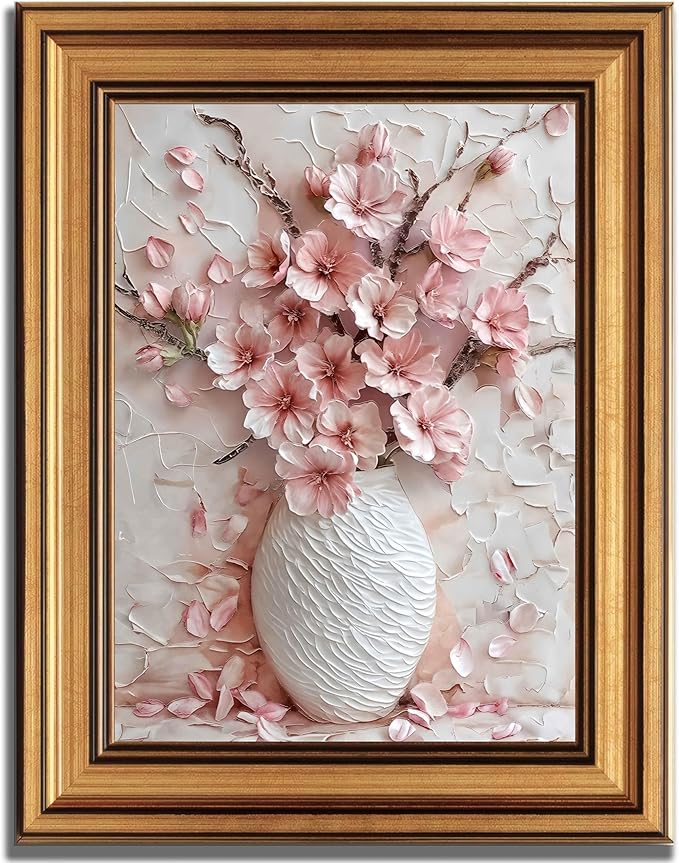 Gold Framed Pink Floral Canvas Wall Art 3D Texture Sakura Flower Botanical painting Decor Picture Cherry blossoms Poster Prints for Living Room Classroom Bedroom office corridor bathroom Decoration