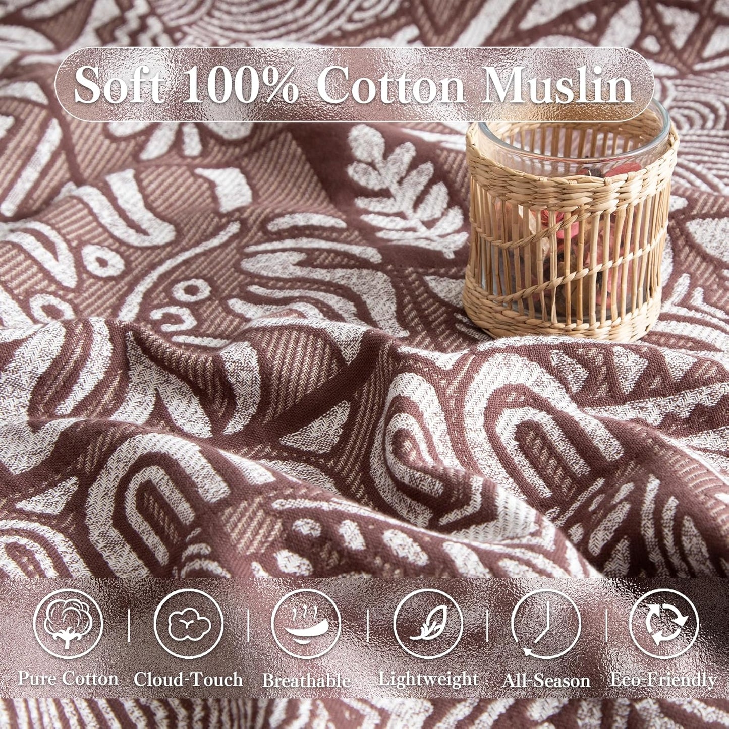 Boho Throw Blanket Twin Size, Soft Cozy Cotton Muslin Quilt Blanket for Bed Decor, Patchwork Block Couch Sofa Chair Cover, Vintage Farmhouse Cottage Tapestry Woven Blanket, Brown&White