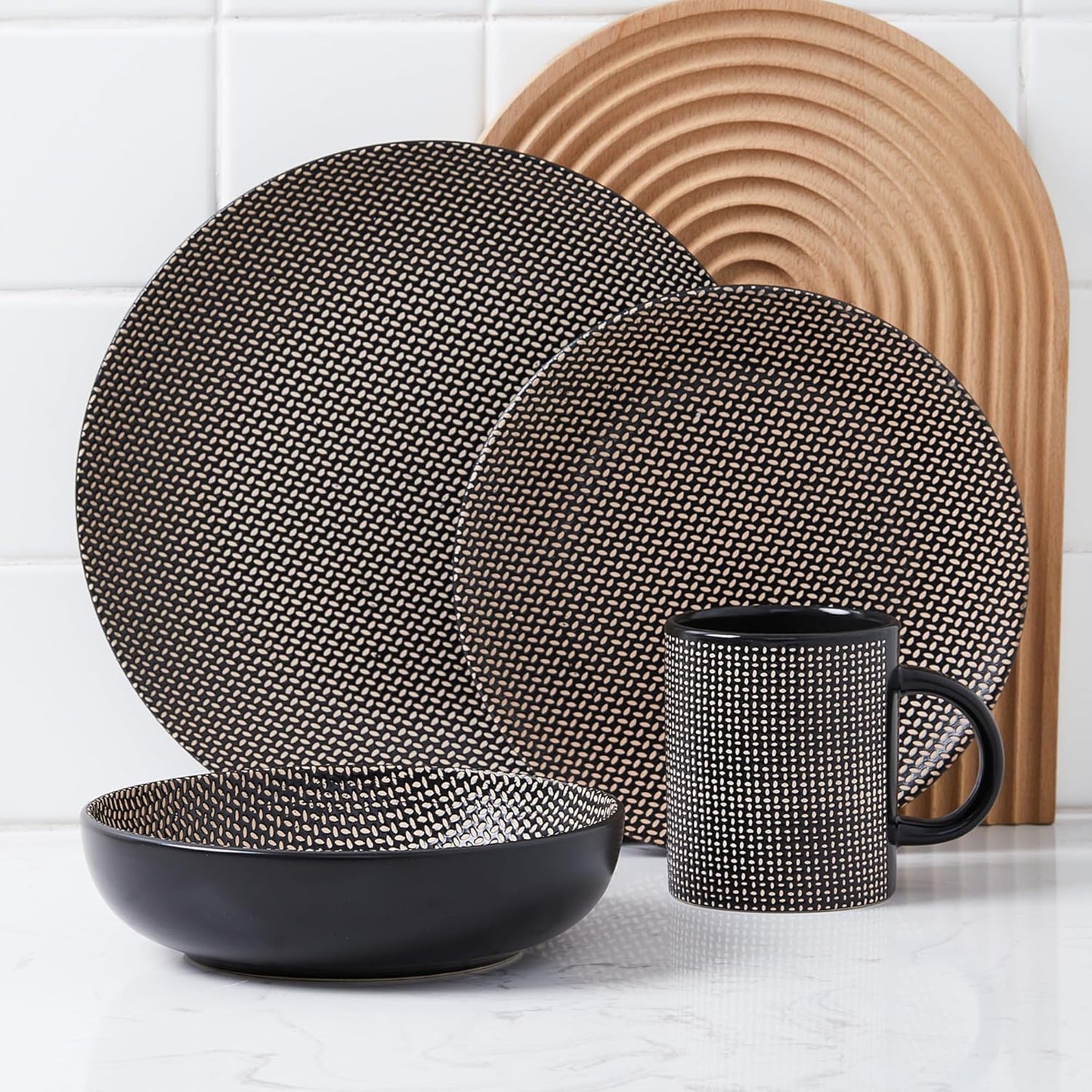 Stone Lain Daisy Stoneware 32-piece Round Dinnerware Set, Brown and Black