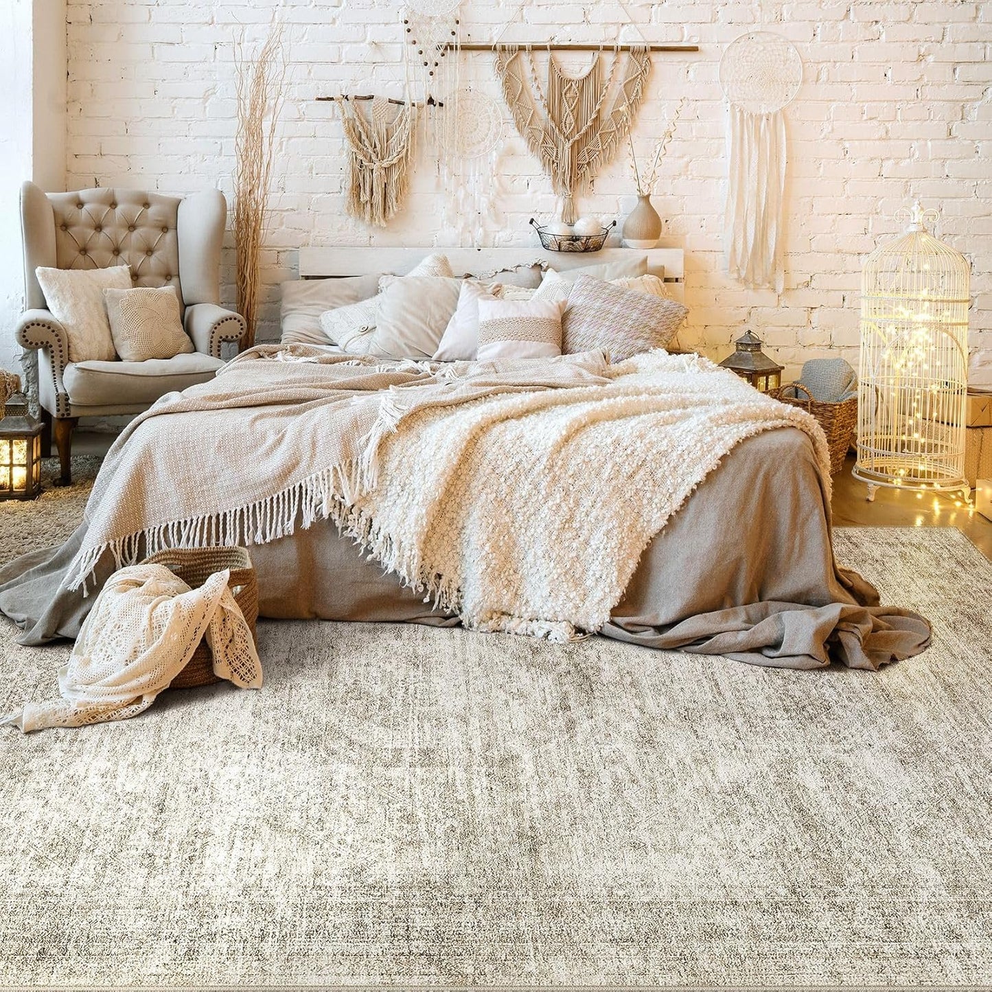 Washable Area Rugs for Living Room -10x12 Neutral Vintage Distressed Floral Farmhouse Boho Large Soft Floor Rug Indoor Non Slip Carpet for Living Room Bedroom Dining Room Office - Beige