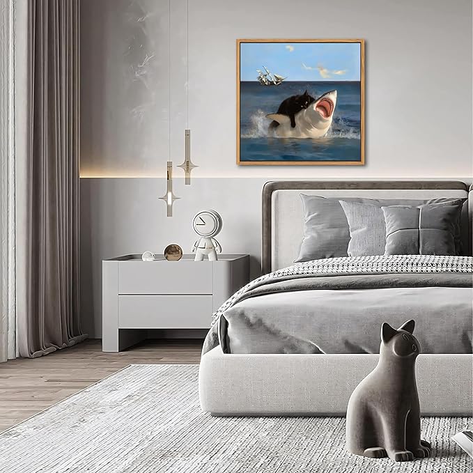 Floating Framed Black Cat Wall Art, Funny Quirky Cat and Shark Pictures Canvas Print, Abstract Black Cat Shark Posters Wall Decor for Room Bedroom Living Room Bathroom Aesthetic 20x20 inch