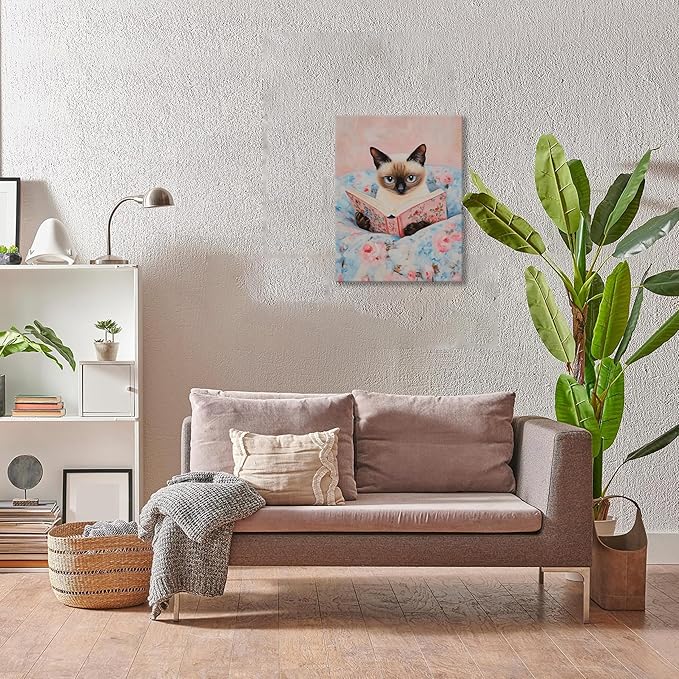 Framed Cat Reading Book Canvas Wall Art, Cute Pink Siamese Cat Wall Decor Print Painting, Funny Animal Lovers Picture for Bedroom Living Room Kids Room Girls Room Home Decor 12x16 Inch