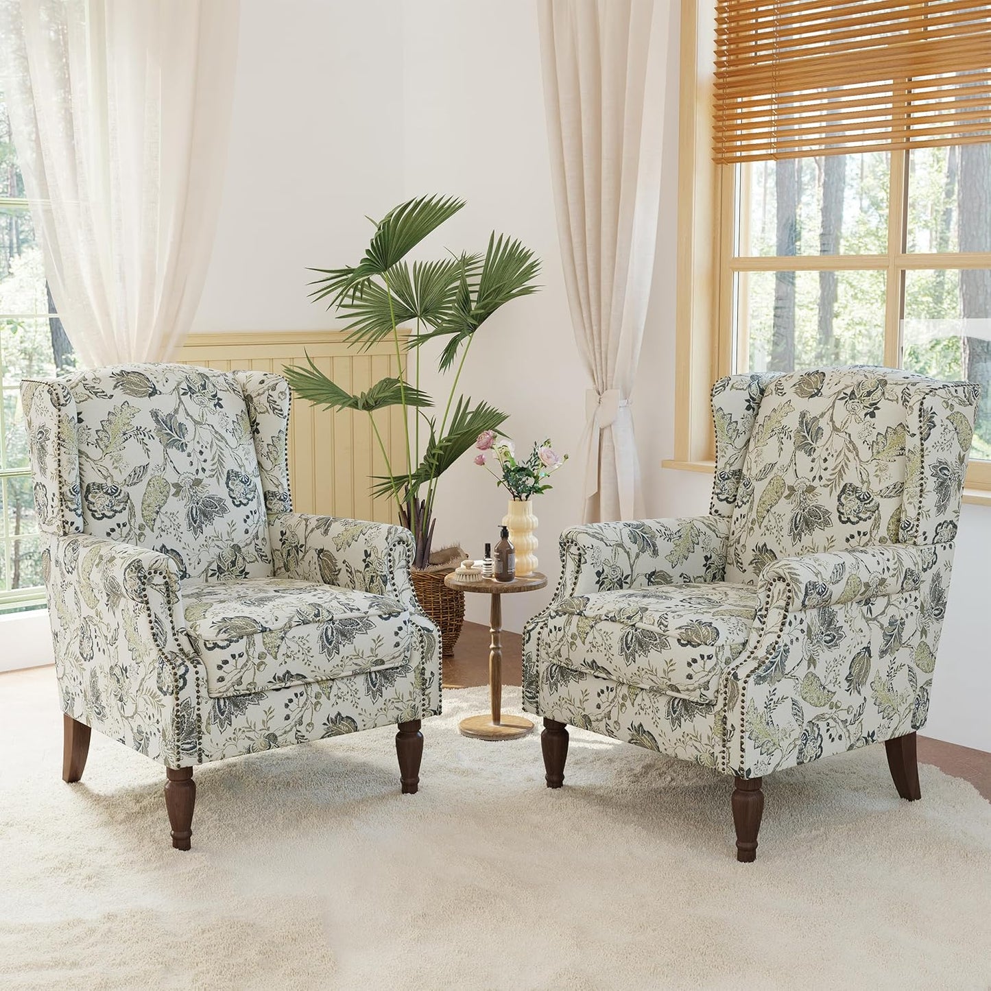 Lumibee Wingback Accent Chair,High Back Floral Armchairs in Fabric,Comfy Upholstered Reading Single Sofa Chair with Solid Wood Legs for Living Room,Bedroom,Office-Plants Beige
