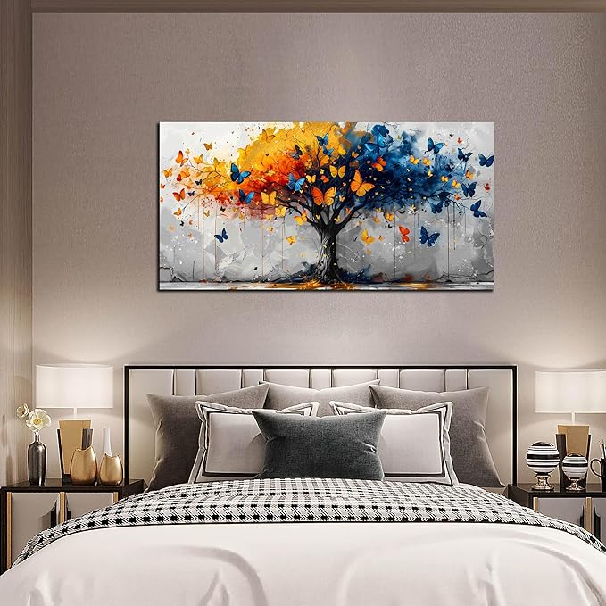 ANCXWOTER Large Tree of Life Wall Art for Living Room Bedroom Office Bathroom Butterfly Artwork Modern Canvas Prints Grey Blue and Yellow Picture Size 30x60