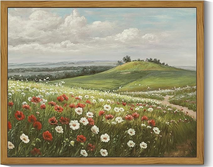 SHENIFY Vintage Landscape Framed Wall Art Meadow with Flowers Scenery Farmhouse Decor Rustic Retro Grassland Floral Field Painting for Kitchen Living Room Bedroom Bathroom - 8x10in Natural Framed