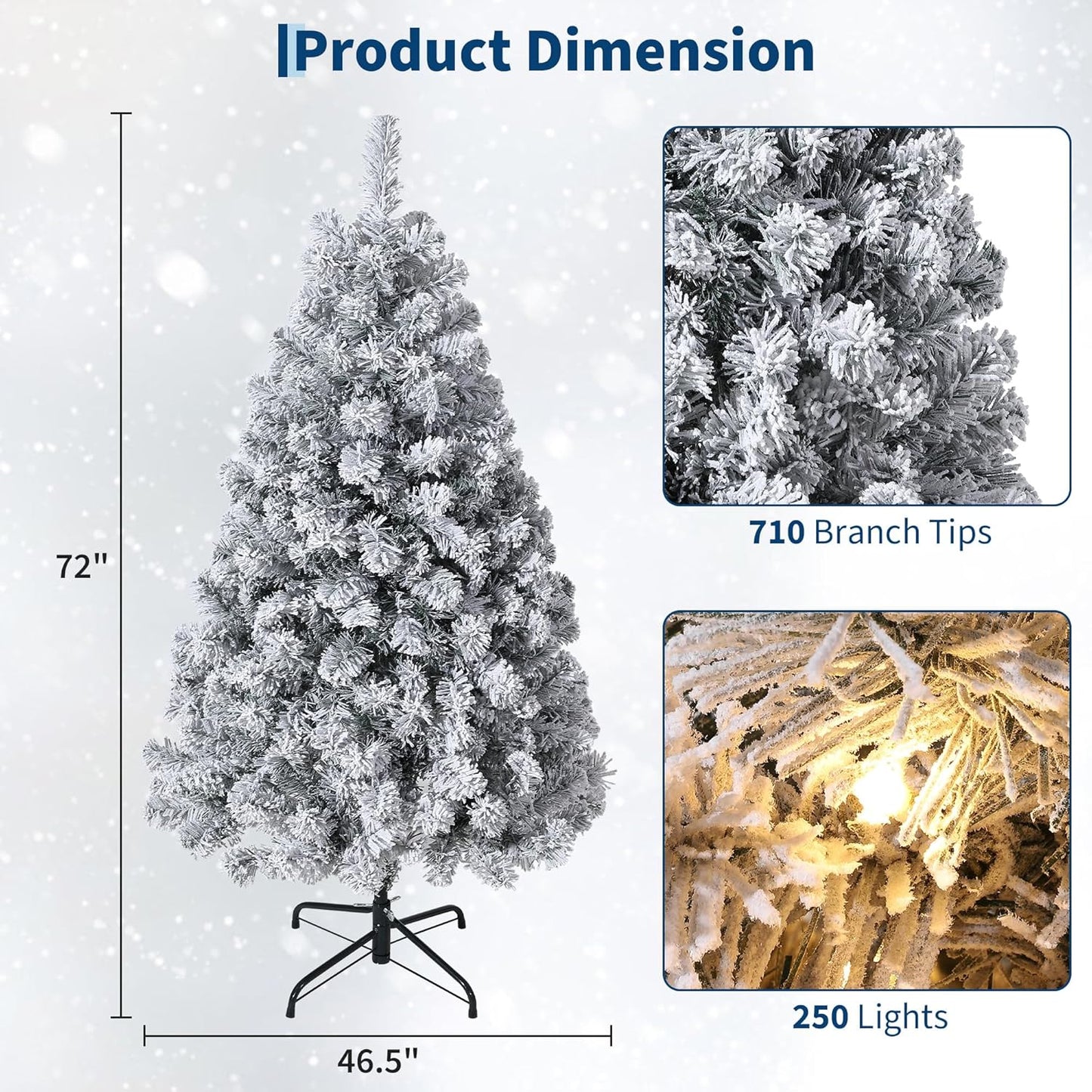 GarveeHome 6ft Prelit Artificial Christmas Tree with Warm White Lights, Snow Flocked Full Xmas Tree with 710 Branch Tips, 250 LED Lights & Foldable Stand, Green & White Christmas Decorations
