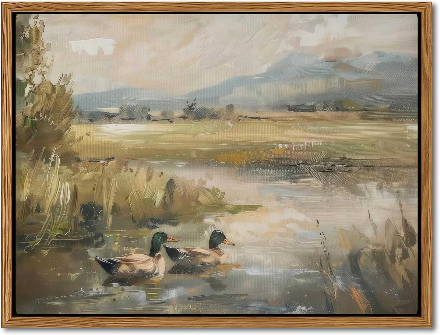Floating Framed Canvas Wall Art, Vintage Mallard Duck Oil Paintings Print, Countryside Art Wildlife Nature Pond Wall Decor for Living Room, Bedroom, Office, Rustic Decor 8x10 inch