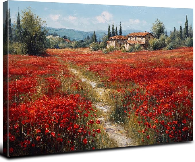 Abstract Red Flowers Wall Art Nature Poppy Landscape Canvas Wall Prints Vintage Floral Field Posters for Bathroom Country Flower Scenic Paintings Artwork for Living Room Bedroom Home Decoration 16x24"