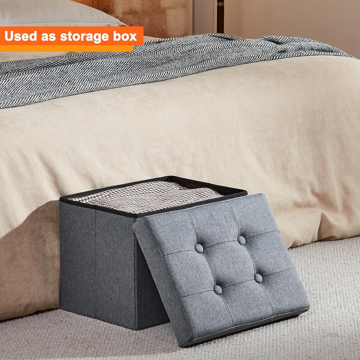 ALASDO Storage Ottoman Footrest Stool Small Ottoman with Storage Foldable Ottomans Foot Rest Footstool Bench for Living Room 17x13x13inches Grey