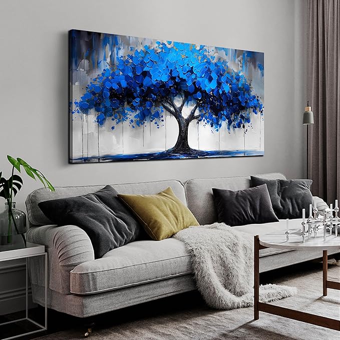 Blue Wall Art Large Tree of Life Wall Art for Living Room Bedroom Office Bathroom Modern Framed Canvas Prints Blue and Grey Picture Size 24x48