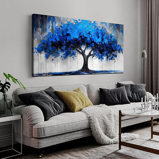 Blue Wall Art Large Tree of Life Wall Art for Living Room Bedroom Office Bathroom Modern Framed Canvas Prints Blue and Grey Picture Size 24x48