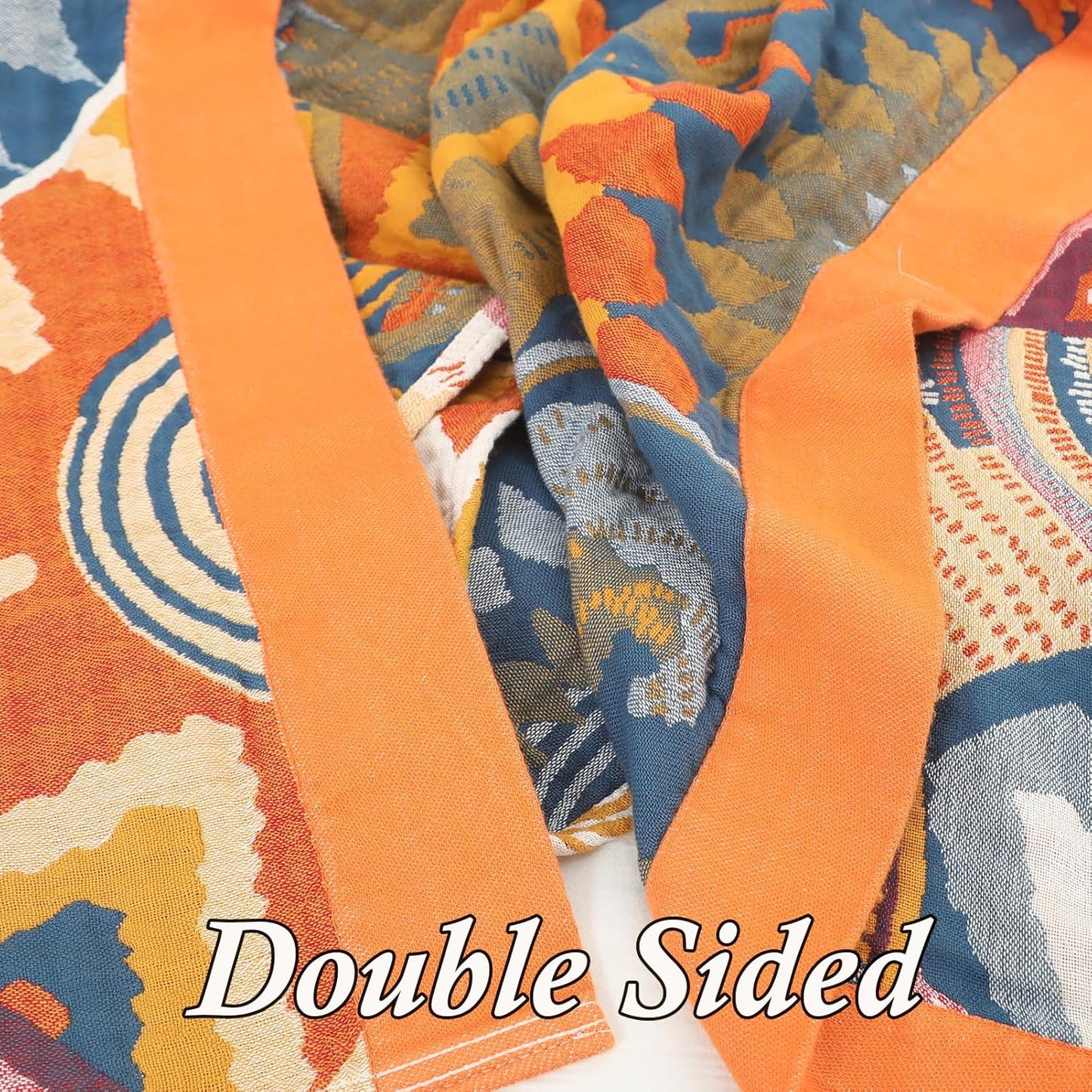 Snycler Boho Throw Blanket for Bed - 100% Cotton Ultra Soft Rustic Quilt Fall Blanket - Orange Floral Printed Farmhouse Decor Bed Blankets, 60"×80" All Season Rustic Throw for Sofa Couch Chair