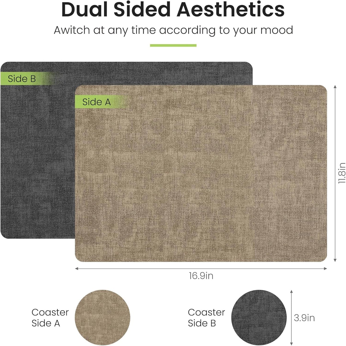 Faux Leather Dual Sided Placemats Set of 4, Square Non-Slip Heat Resistant Placemats with Coaster, Reversible wipeable Waterproof Table Mats for Kitchen, Dining, Outdoor (4, Black Light Coffee)