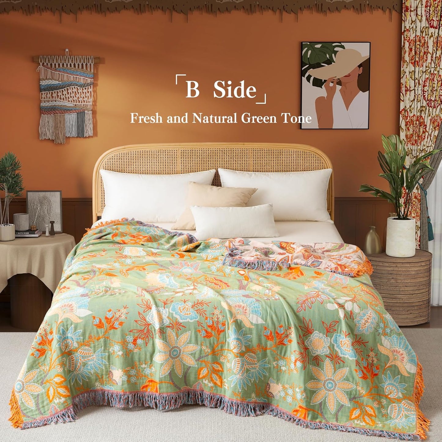 Boho Throw Blanket Full Size, Soft Cozy Cotton Muslin Quilt Blanket for Bed Decor, Floral Patterned Couch Sofa Chair Cover, Vintage Farmhouse Cottage Tapestry Woven Blanket, Coral&Green
