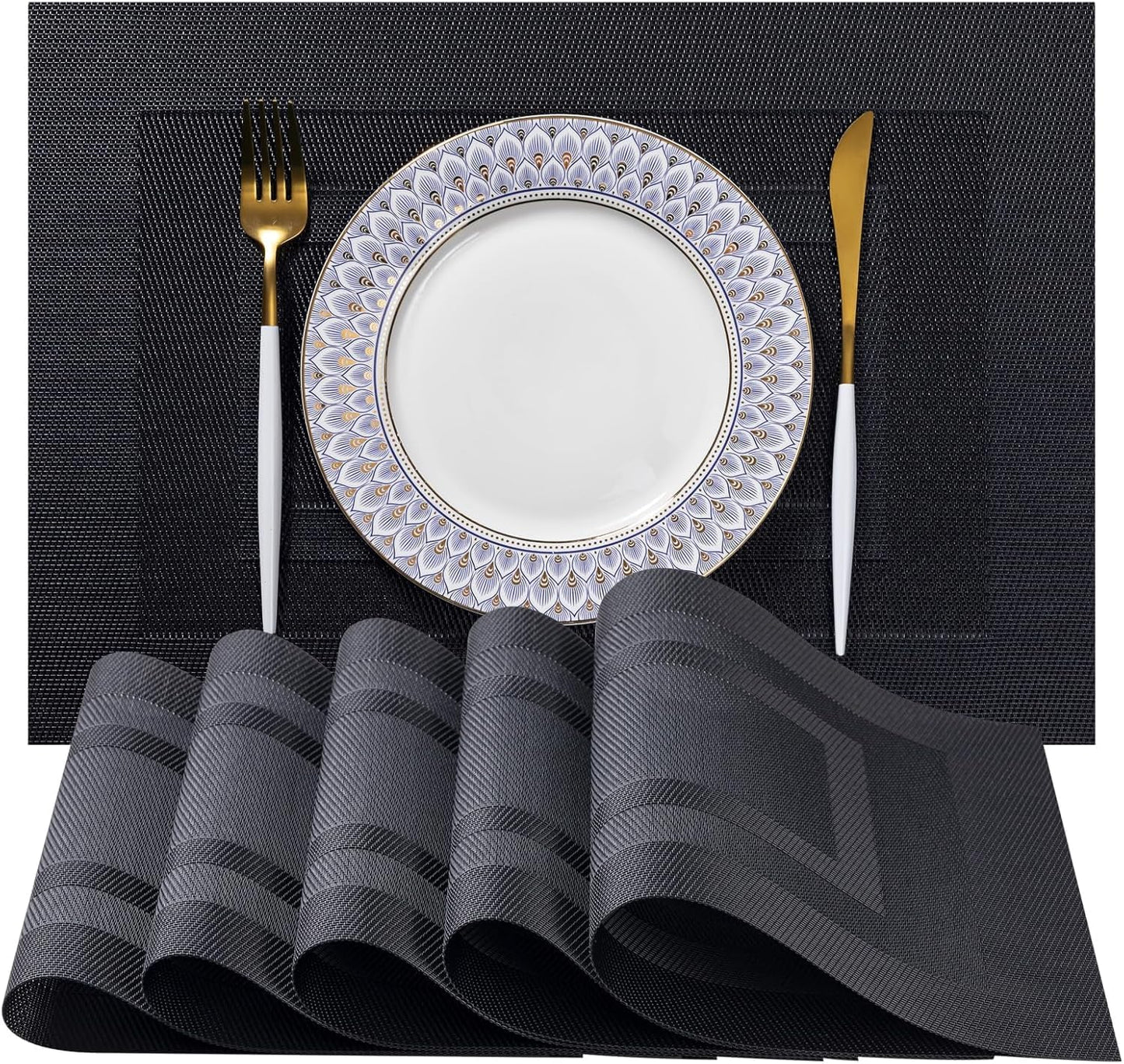 LEXMORE Placemats Set of 8 Vinyl/Plastic Woven Place Mats for Kitchen Table Indoor/Outdoor Washable Placemat Wipeable Dining Table Mats(G-Black Cube)