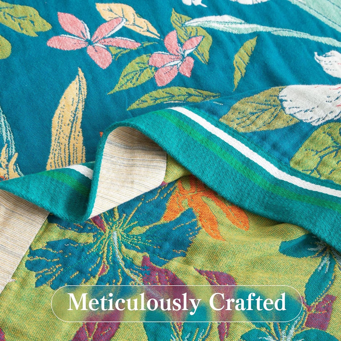 Boho Throw Blanket Full Size, Extra Large Soft Cozy Cotton Muslin Quilt Blanket for Bed Decor, Floral Patterned Couch Sofa Chair Cover, Vintage Farmhouse Cottage Woven Blanket, Teal&Green