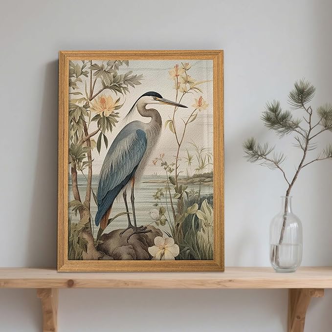 Framed William Morris Heron Wall Art, Vintage 3D Textured Botanical Wall Decor, Hand Drawn Sandstone Wildlife Picture Artwork, Modern Farmhouse Decor for Bedroom Living Room 12x16 inch