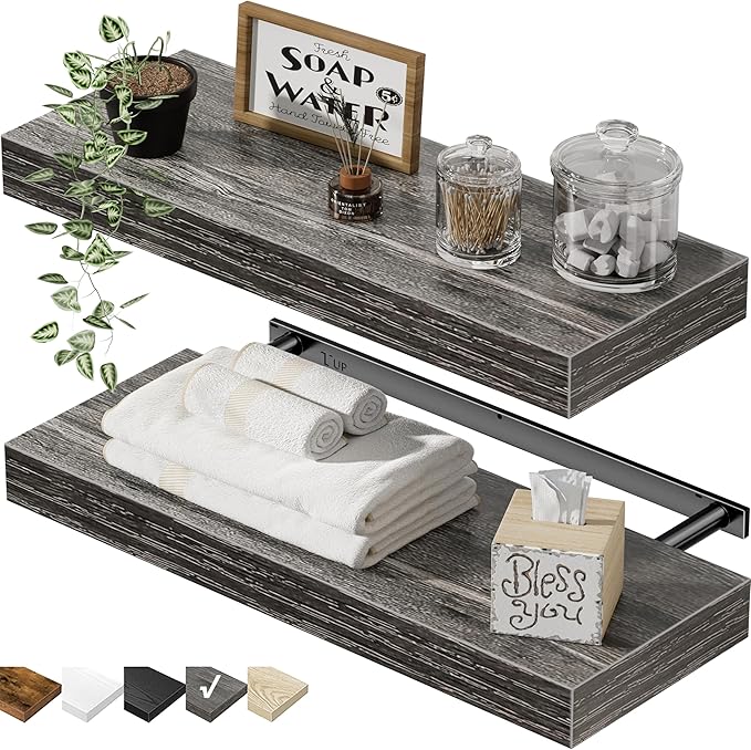 QEEIG Bathroom Floating Shelves for Wall - 15.7" Wall Mounted Shelf Over Toilet Farmhouse Home Decor Display Bookshelf Small 15.7 x 6.7 inch Set of 2, Grey (008-40GY)