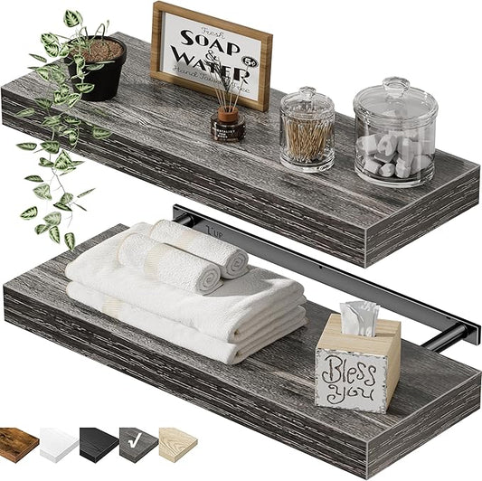 QEEIG Bathroom Floating Shelves for Wall - 15.7" Wall Mounted Shelf Over Toilet Farmhouse Home Decor Display Bookshelf Small 15.7 x 6.7 inch Set of 2, Grey (008-40GY)