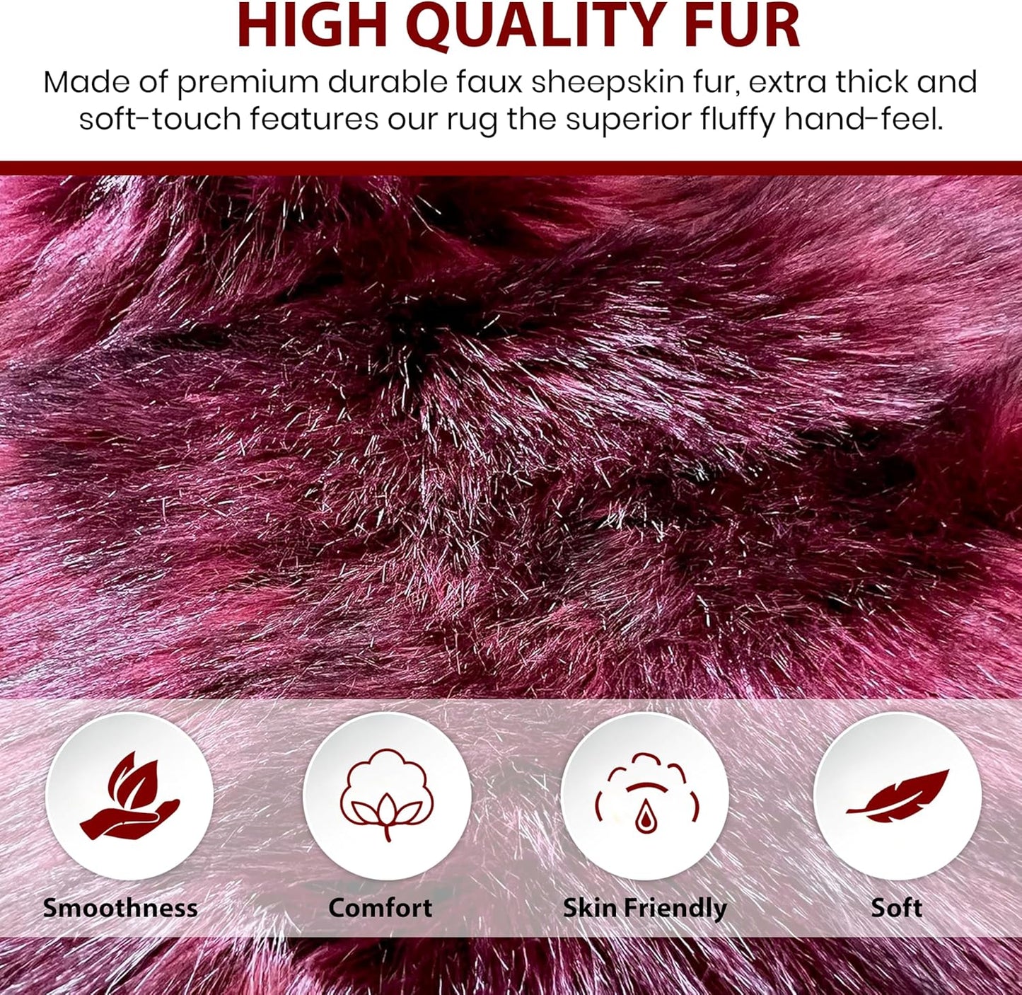 LAMBZY Faux Sheepskin Super Soft Hypoallergenic Free Shape Silky Shag Rug, Luxury Shaggy Plush Carpet for Bedrooms Living Kids Room Sofa Rugs (Burgundy, Double 2'x6')