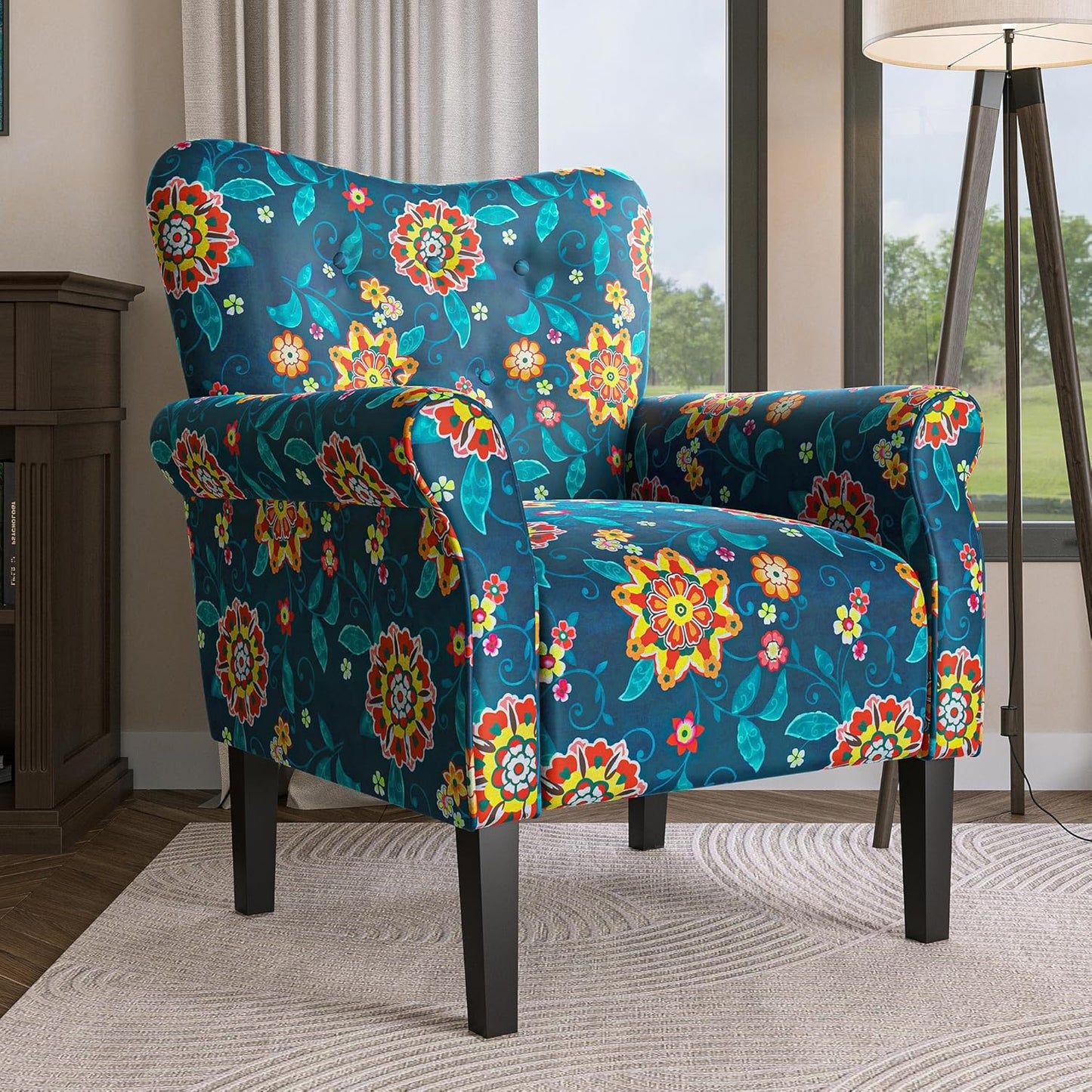 BELLEZE Modern Accent Chair for Living Room, High Back Linen Armchair with Wooden Legs, Upholstered Wingback Side Chair Padded Armrest Single Sofa for Living Room, Bedroom - Allston (Blue & Flower)
