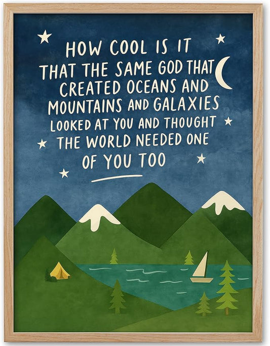 KensTro Natural OAK Wood Same God Creation Framed Wall Art,12x16in Inspirational Christian Bible Verse Canvas Art,Mountain Nursery Decor,Blue Set of 1 for Christian Boys Room for Boy Adoption Gifts