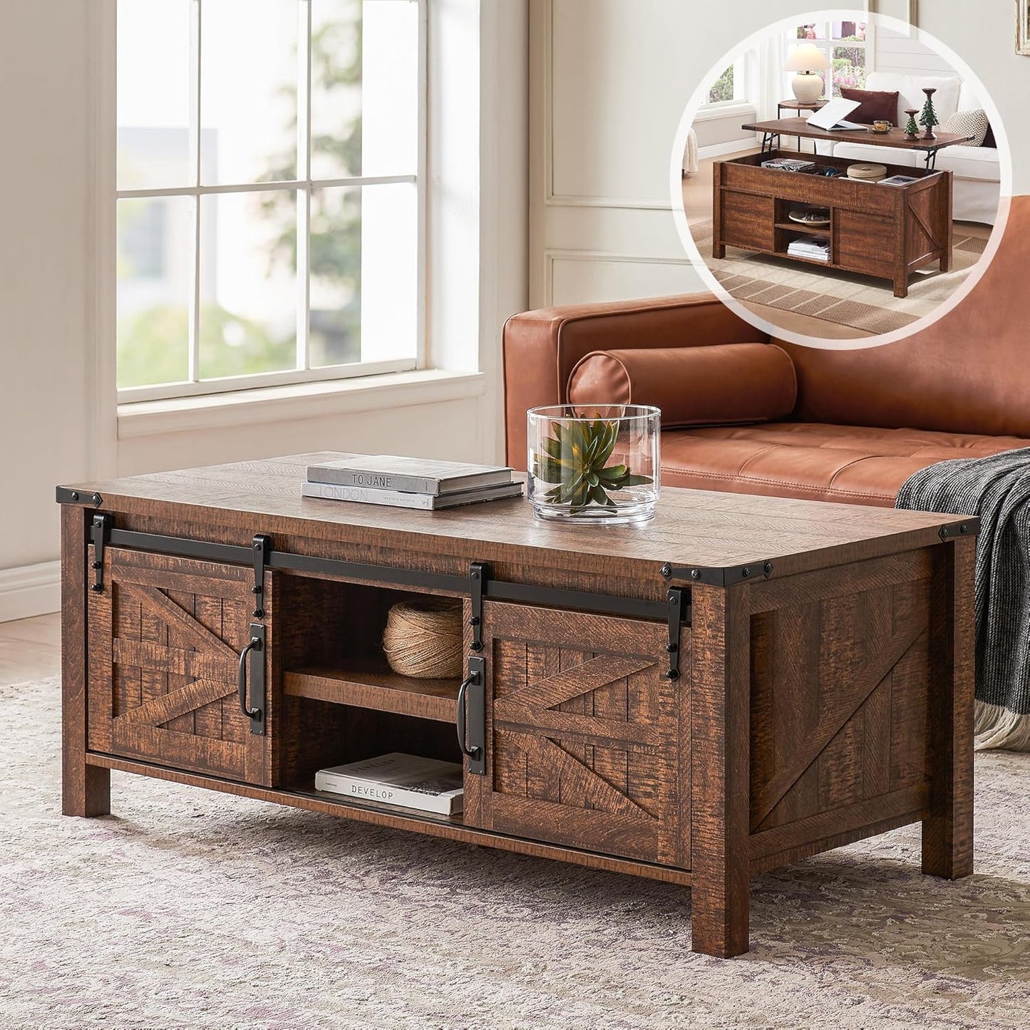 OKD 48" Farmhouse Lift Top Coffee Table with Sliding Barn Door,Rustic Center Table with Hidden Storage Compartment,Lifting Tabletop and Adjustable Shelf for Living Room,Office,Reclaimed Barnwood