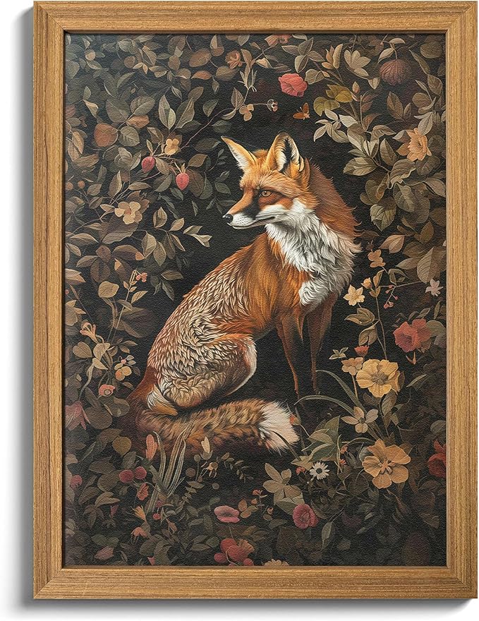 AKWISH Framed 3D Textured Vintage Wall Art - Dark Academia Decor Hand Drawn Sandstone Fox Paintings with Botanical Florals, Aesthetic Wall Decor for Living Room Bedroom Home 12x16 inch