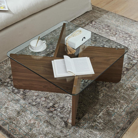 31.5" Glass Coffee Table, MDF Mid-Century Modern Square Coffee Table with Tempered Glass Top, Square Center Tables for Small Space Living Room Office Apartment, Walnut