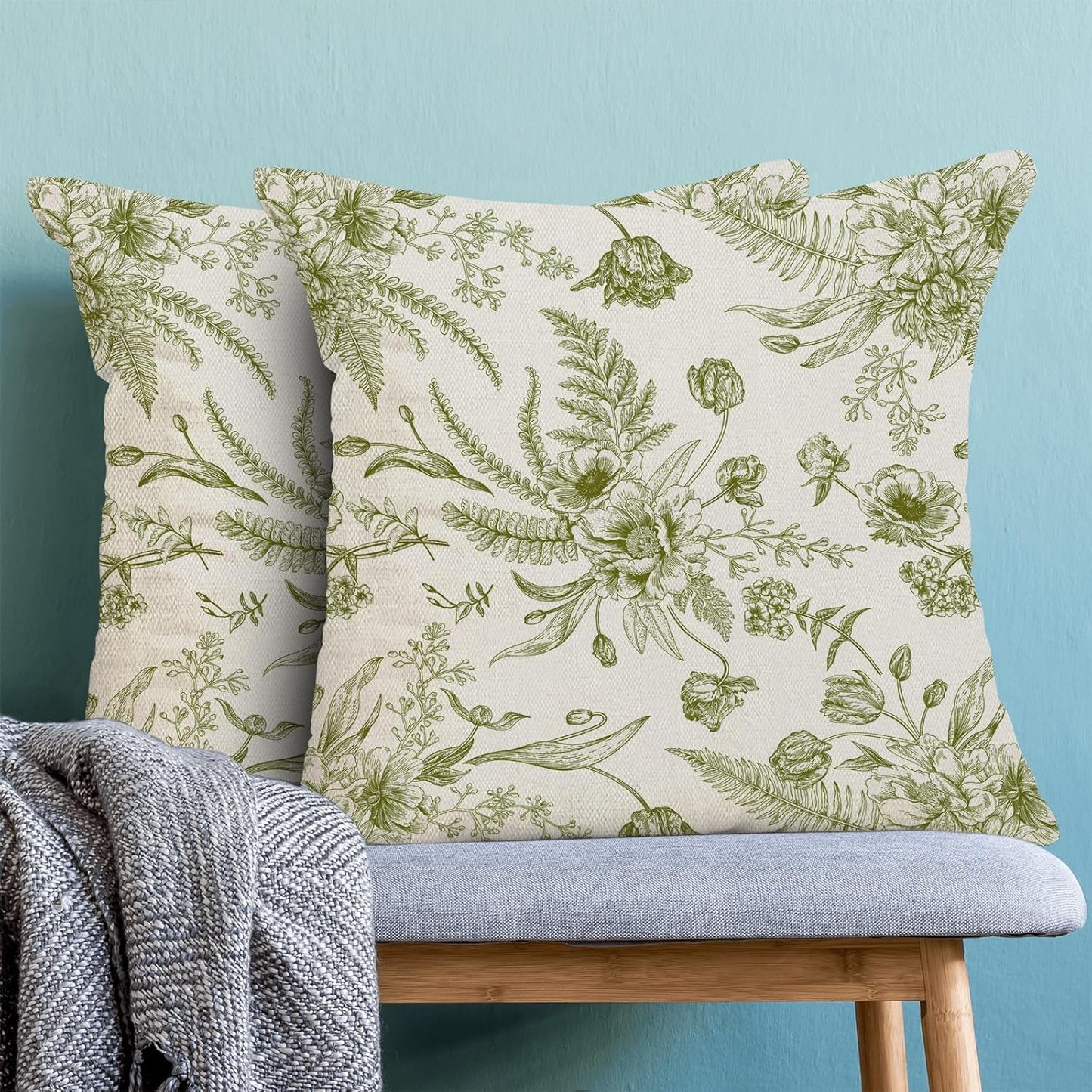 CXMEIFLY Sage Green Spring Pillow Covers 16 x 16 Inch Set of 2 for Chinoiserie Flowers Decor Throw Pillows Floral Leaves Seasonal Plant Outdoor Decorative Cushion Cases for Couch Bed Decorations