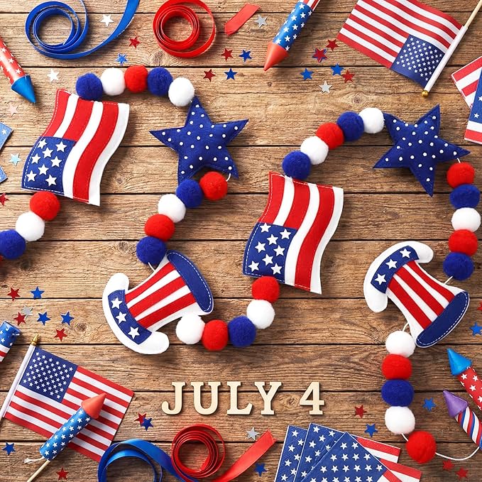 Felt 4th of July Garland 3D Red White Blue Patriotic Pom Ball Banner with Flag & Stars 250th Anniversary Decorative Hanging Bunting for Home Mantel Independence Day Memorial
