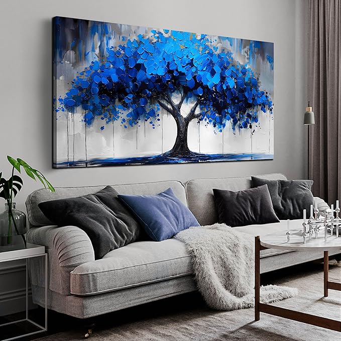Blue Wall Art Large Tree of Life Wall Art for Living Room Bedroom Office Bathroom Modern Framed Canvas Prints Blue and Grey Picture Size 30x60