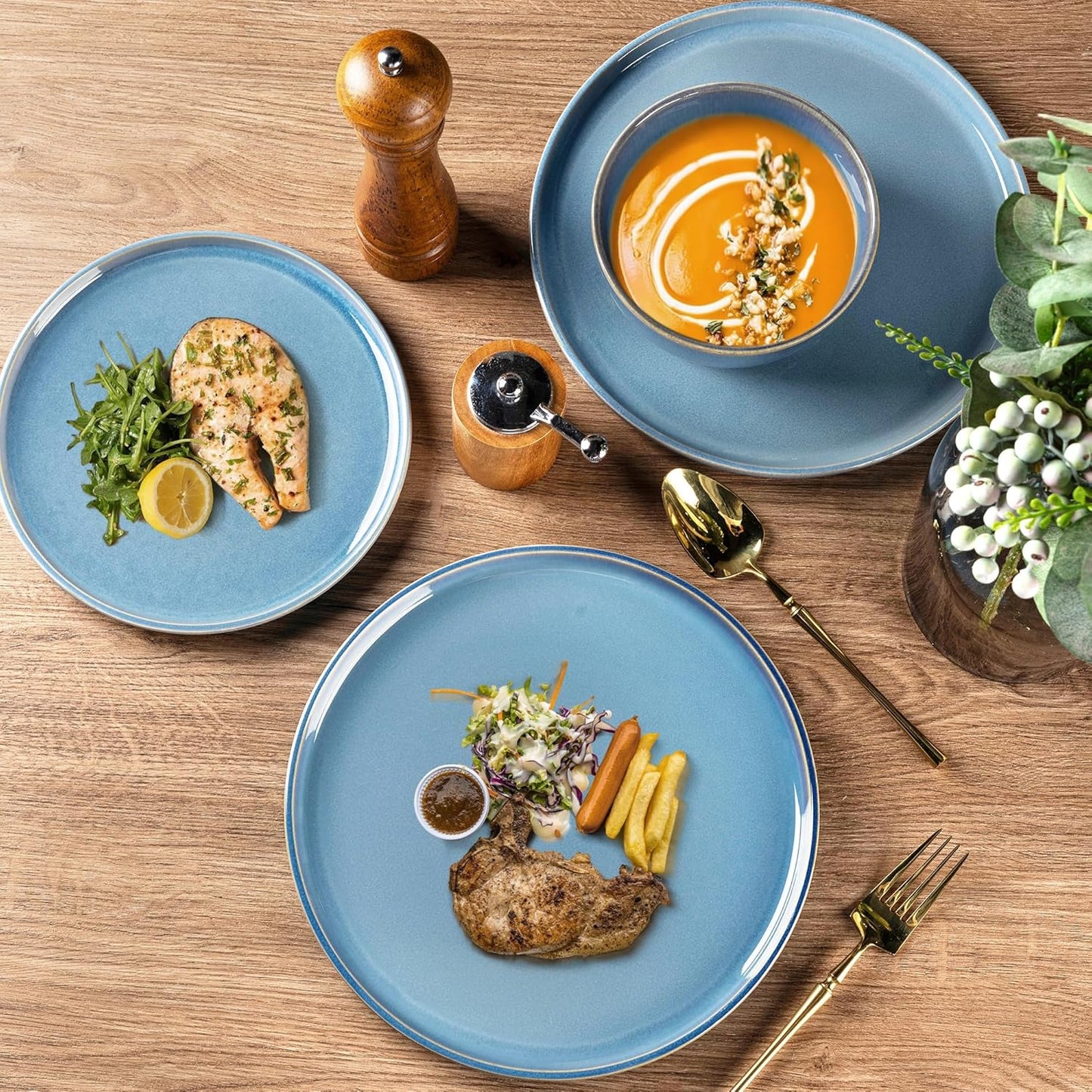 GBHOME Ceramic Dinnerware Sets for 4, 12 Pieces Stoneware Plates and Bowls Sets, Reactive Glaze Dishes -Scratch Resistant, Dishwasher&Microwave Safe-Alaskan Blue