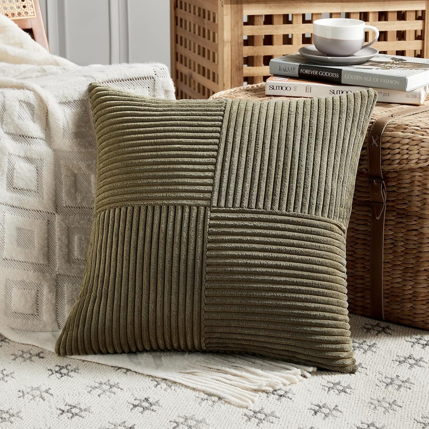 Fancy Homi 2 Packs Olive Green Big Decorative Throw Pillow Covers 24x24 Inch for Living Room Couch Bed, Rustic Farmhouse Boho Home Decor, Soft Corss Corduroy Patchwork Accent Cushion Case 60x60 cm