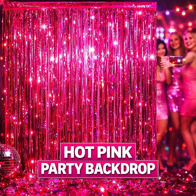 Melsan Hot Pink Foil Fringe Curtains – 3 Pack 3.2 x 8.2 ft Shiny Tinsel Backdrop for Bachelorette Party, Disco Y2K Decorations, Girls Birthday & Photo Booth Backdrop