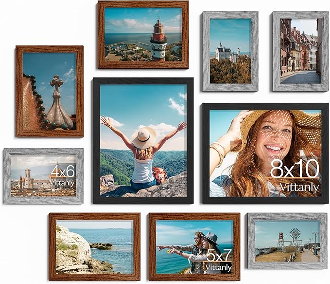 Vittanly 10 Pack Picture Frames, Picture Frames Collage Wall Decor with Two 8x10, Four 5x7 and Four 4x6 Photo Frames, Gallery Wall Frame Set for Wall or Tabletop Display, Black, Walnut Brown and Grey